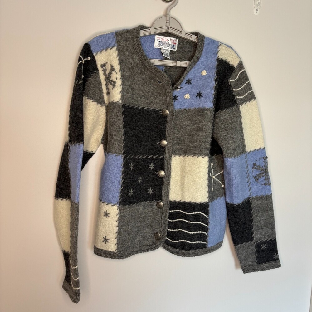 VINTAGE Cally-Ho Medin 100% Wool Patchwork Cardigan Gray Blue Women M Cabincore